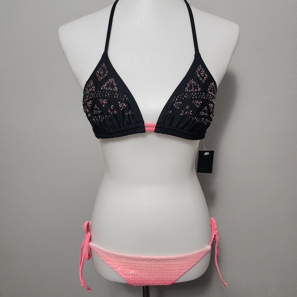 Ninety Six Degrees Coral Black Globe Trekking Beaded Sequin Bikini Size Small
